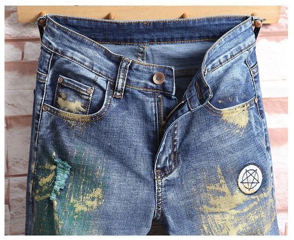 knee length embroidery slim pencil pants homme spray paint zipper fly jeans mens designer hole trousers shorts fashion, Blue
knee length embroidery slim pencil pants homme spray paint zipper fly jeans mens designer hole trousers shorts fashion, Blue