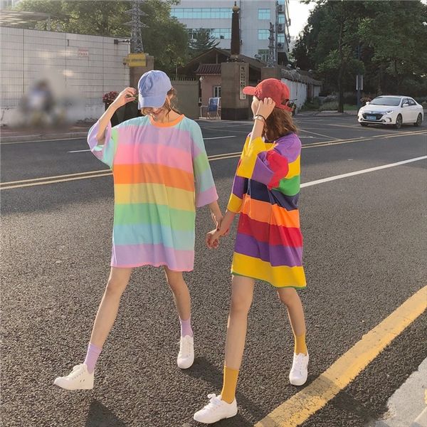 2020 rainbow stripe large size loose midi round collar short sleeve t-shirt women's fashion, White
2020 rainbow stripe large size loose midi round collar short sleeve t-shirt women's fashion, White