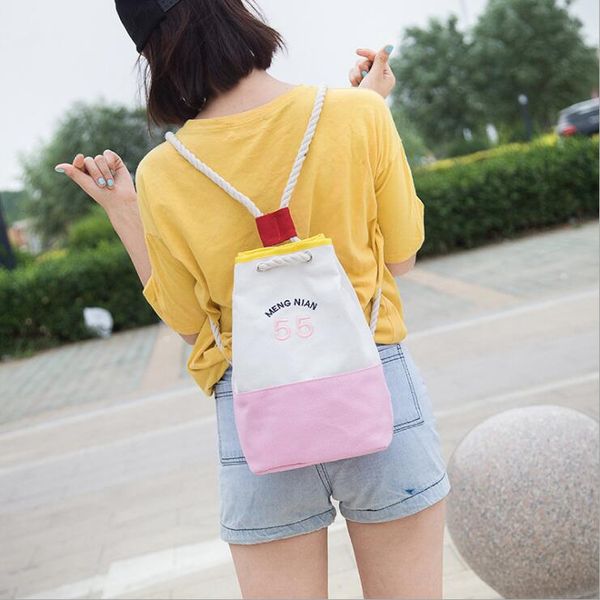 

2019 brand fashion luxury designer bags Creative color bag girl The new canvas drawstring backpack Casual lady contrast shopping bag