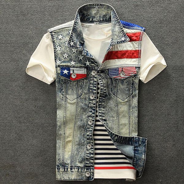 2019 fashion men usa flag patchwork turn down collar denim vest jacket cowboy coat, Black;white
2019 fashion men usa flag patchwork turn down collar denim vest jacket cowboy coat, Black;white