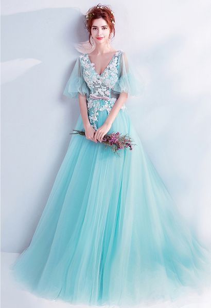 new v-neck backless long evening dresses 2019 short sleeves appliques beaded flowers tulle light sky blue party gowns prom dresses, Black;red
new v-neck backless long evening dresses 2019 short sleeves appliques beaded flowers tulle light sky blue party gowns prom dresses, Black;red