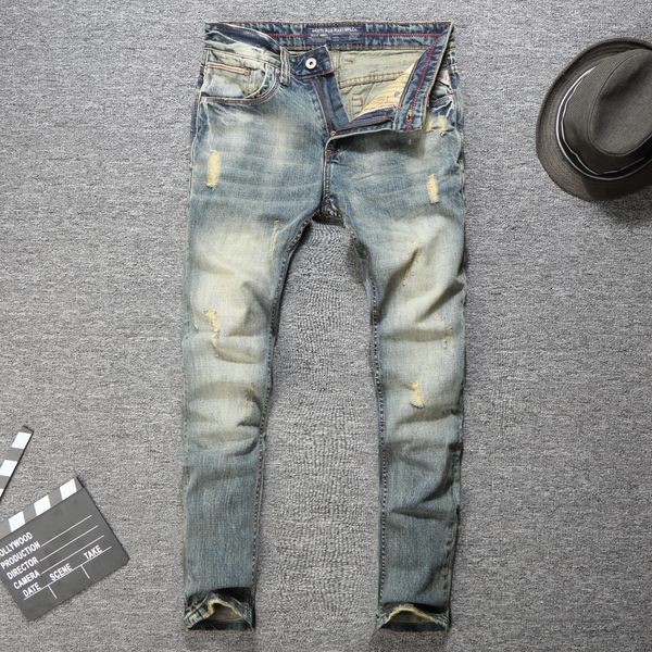 men's jeans italian style fashion men destroyed ripped retro washed slim fit vintage designer classical, Blue
men's jeans italian style fashion men destroyed ripped retro washed slim fit vintage designer classical, Blue
