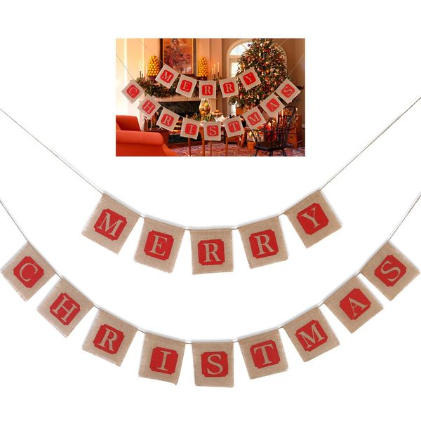 MERRY CHRISTMAS Burlap Bunting Banner Flags for Christmas Party