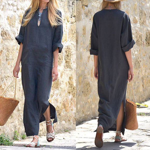 celmia kaftan women vintage long maxi dress v neck long sleeve side split solid pockets linen dresses plus size vestidos, White;black
celmia kaftan women vintage long maxi dress v neck long sleeve side split solid pockets linen dresses plus size vestidos, White;black