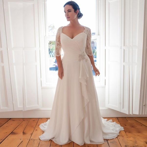 weilinsha plus size wedding dresses v neck half sleeves pleated beaded applique lace chiffon bridal gowns custom vestidos de novia, White
weilinsha plus size wedding dresses v neck half sleeves pleated beaded applique lace chiffon bridal gowns custom vestidos de novia, White