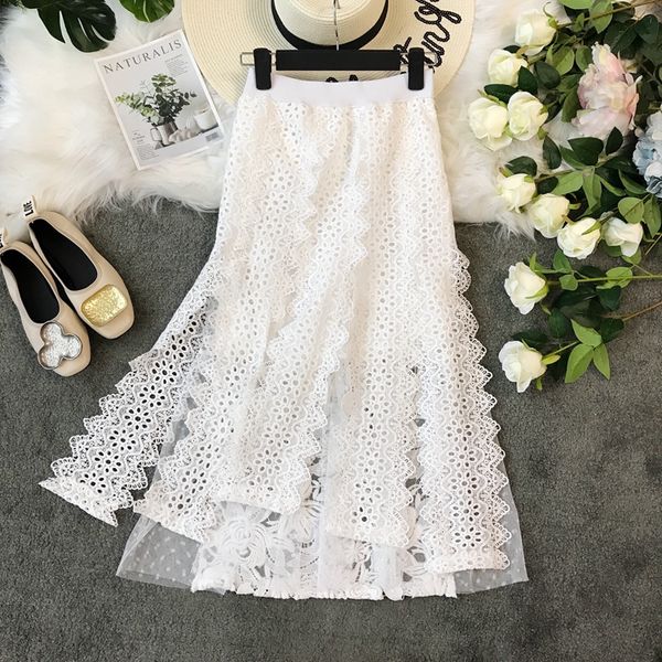 

fall new women fashion pure-color embroidery irregular a-shaped mesh ruffles hollow-out splicing lace crochet half-length skirt, Black