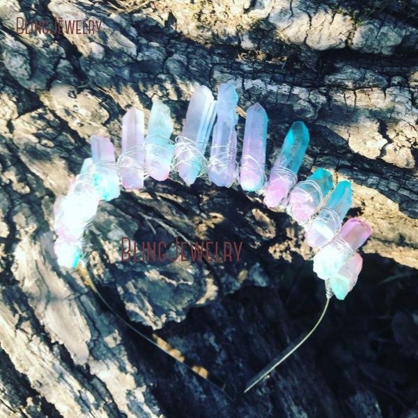 wire wrapped iridescent crystal point crown aura quartz tiara crown on a flexible metal headband, Golden;white
wire wrapped iridescent crystal point crown aura quartz tiara crown on a flexible metal headband, Golden;white