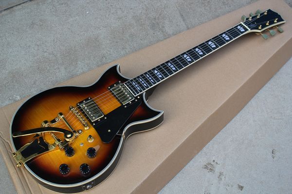 double missing angle tobacco electric guitar,tiger pattern veneer and bigby tremolo,golden hardwares and faned-sets,be customized
double missing angle tobacco electric guitar,tiger pattern veneer and bigby tremolo,golden hardwares and faned-sets,be customized