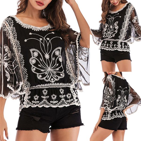 women clothes 2019 summer women's butterfly embroidered cutout sleeve lace shirt loose mesh round collar poleras mujer 20, White
women clothes 2019 summer women's butterfly embroidered cutout sleeve lace shirt loose mesh round collar poleras mujer 20, White