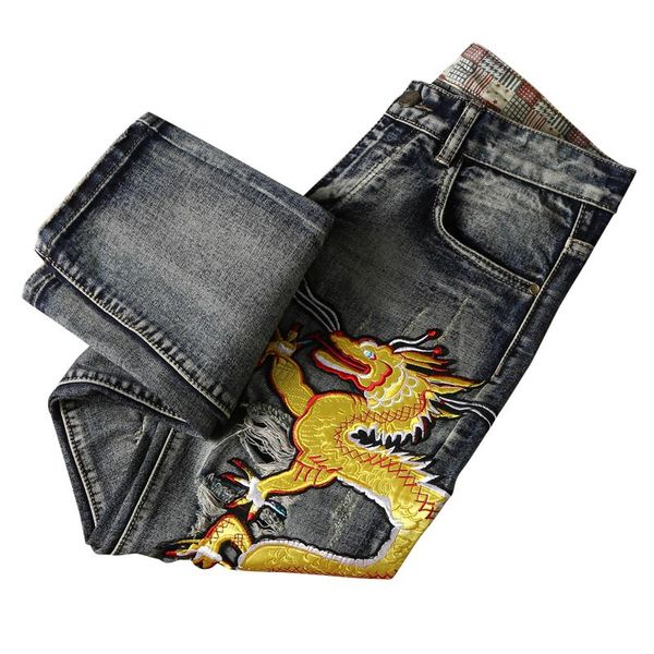 2018 fashion men's ripped jeans gold dragon embroidery distressed denim jeans pants for men slim fit stretch washed, Blue
2018 fashion men's ripped jeans gold dragon embroidery distressed denim jeans pants for men slim fit stretch washed, Blue