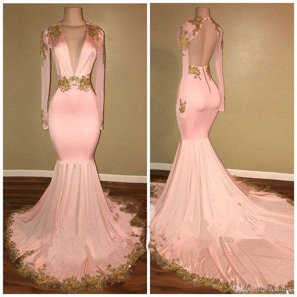 2019 new open back pink prom dresses mermaid deep v neck long sleeves gold appliques sweep train evening gowns vestidos de novia aw228, Black
2019 new open back pink prom dresses mermaid deep v neck long sleeves gold appliques sweep train evening gowns vestidos de novia aw228, Black