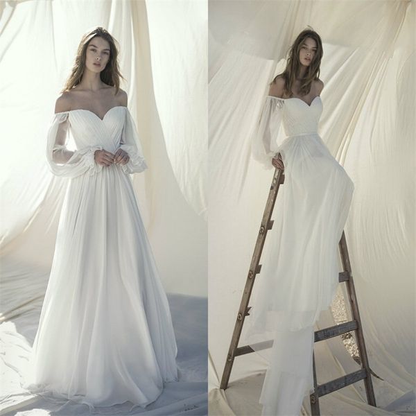 2020 boho wedding dresses off-shoulder long sleeve ruffle chiffon a-line bridal dress sweep train backless beach robes de mariée, White
2020 boho wedding dresses off-shoulder long sleeve ruffle chiffon a-line bridal dress sweep train backless beach robes de mariée, White