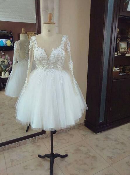 2019 new arrival long sleeve short wedding dress lace appliques 3d flowers tulle knee length bridal gowns, White
2019 new arrival long sleeve short wedding dress lace appliques 3d flowers tulle knee length bridal gowns, White