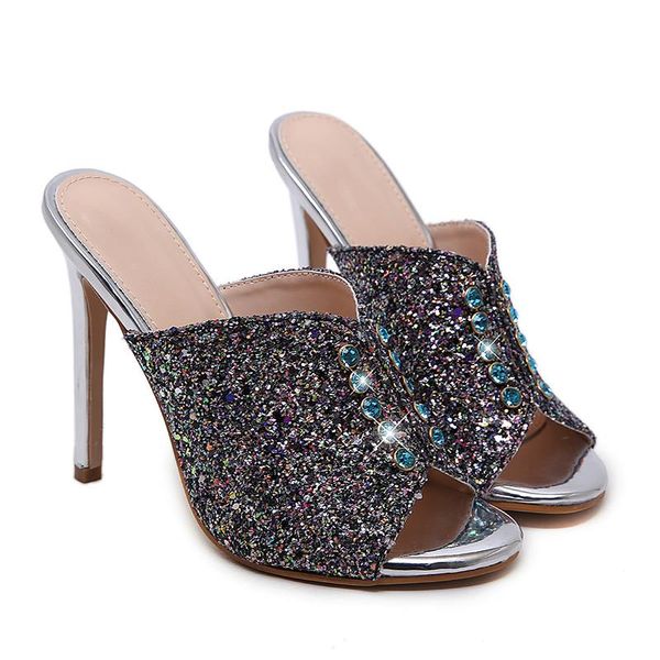 come with box silver sequined sandals prom shoes stiletto heels women high heel mules sandalias size 35 to 40, Black
come with box silver sequined sandals prom shoes stiletto heels women high heel mules sandalias size 35 to 40, Black