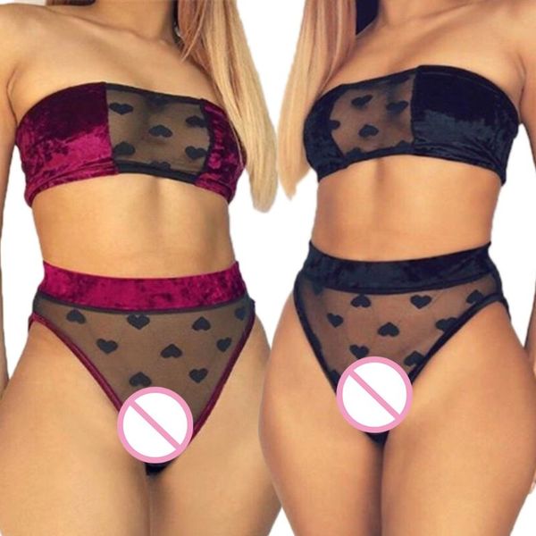 women sheer mesh splicing underwear set glitter velvet off shoulder bandeau bra high waist briefs love heart print lingerie, Red;black
women sheer mesh splicing underwear set glitter velvet off shoulder bandeau bra high waist briefs love heart print lingerie, Red;black