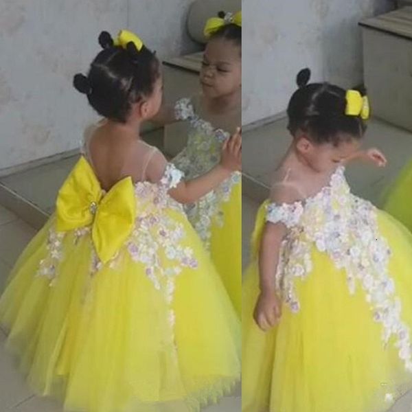 flower girls dresses lemon yellow tulle princess party birthday gowns with lace applique bow sheer neck girl wedding dress, Red;yellow