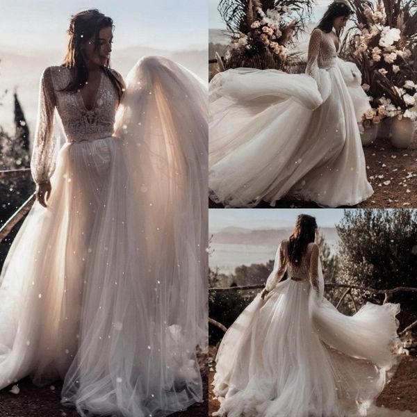 beach a-line wedding dresses deep v-neck long sleeves boho bridal robes de lace two pieces wedding gowns, White
beach a-line wedding dresses deep v-neck long sleeves boho bridal robes de lace two pieces wedding gowns, White