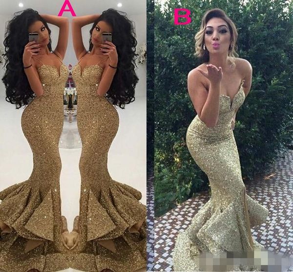 2019 modest gold sequins mermaid prom dresses sweetheart spaghetti straps tiered ruffles formal occasion wear evening party gowns, Black
2019 modest gold sequins mermaid prom dresses sweetheart spaghetti straps tiered ruffles formal occasion wear evening party gowns, Black