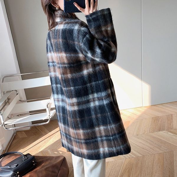 women woolen coat warm check two-button alpaca coat, Black