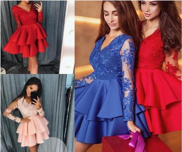 arabic short mini a line homecoming dresses v neck sheer long sleeves lace applique beads tiered ruffles cocktail party prom gown, Red
arabic short mini a line homecoming dresses v neck sheer long sleeves lace applique beads tiered ruffles cocktail party prom gown, Red