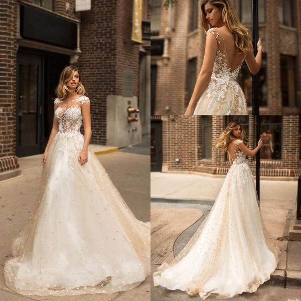 2019 new vintage champagne wedding dresses illusion beaded pearls lace bridal dress spring milla nova wedding gowns, White
2019 new vintage champagne wedding dresses illusion beaded pearls lace bridal dress spring milla nova wedding gowns, White
