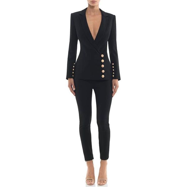 dignified black two piece plunge v neck long sleeve gold button embellished bodycon legging women pants set, Gray
dignified black two piece plunge v neck long sleeve gold button embellished bodycon legging women pants set, Gray