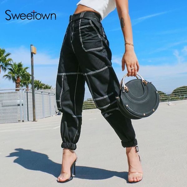 sweetown casual loose baggy cargo pants with sashes line trace stripe high waist trousers pockets hip hop streetwear pants women, Black;white
sweetown casual loose baggy cargo pants with sashes line trace stripe high waist trousers pockets hip hop streetwear pants women, Black;white