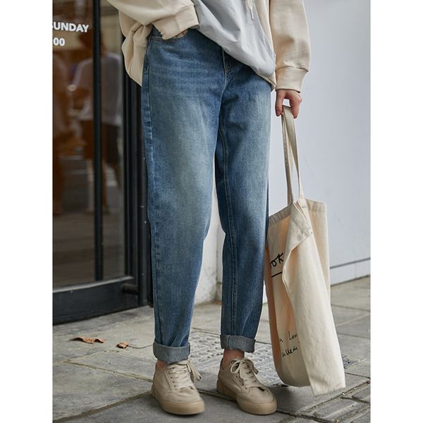 women's jeans high-waisted and long trousers baggy straight leg ins ninepins schoolgirl pants, Blue
women's jeans high-waisted and long trousers baggy straight leg ins ninepins schoolgirl pants, Blue