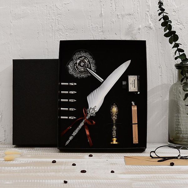 Exquisite Retro Feather Quill Pen Set Dip Pen Sign Kit Perfect Gift Quill Holder Set Ink Bottle With Wax Seal Stamp R25