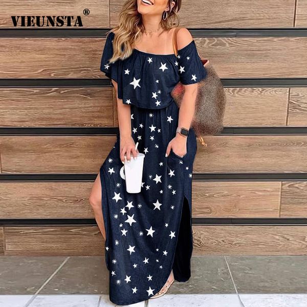 2020 summer women off shoulder split long dress elegant vintage star print short sleeve dress slash neck pocket party, Black;gray
2020 summer women off shoulder split long dress elegant vintage star print short sleeve dress slash neck pocket party, Black;gray
