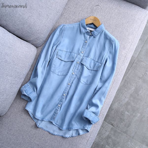 2019 spring arrival blouse women blue regular cotton new denim shirt female basic solid pockets buttons drop shipping, White
2019 spring arrival blouse women blue regular cotton new denim shirt female basic solid pockets buttons drop shipping, White