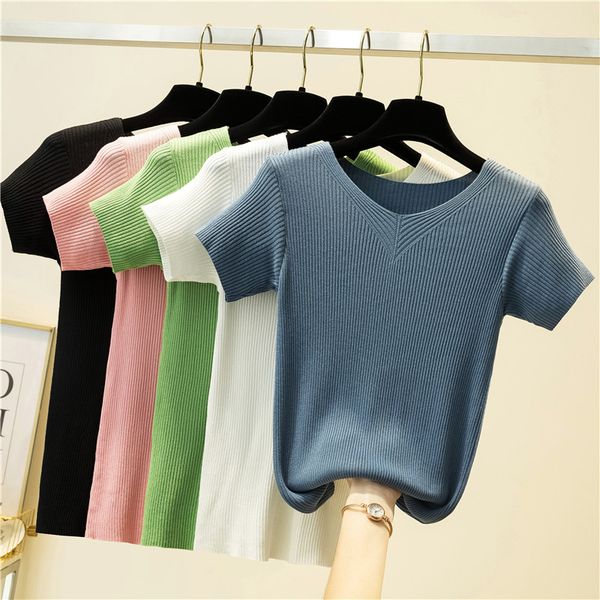 jinkazi 2020 summer women's t-shirt knitted short v-neck pullover ice silk short sleeve thin fit all-around bottoming shirt, White
jinkazi 2020 summer women's t-shirt knitted short v-neck pullover ice silk short sleeve thin fit all-around bottoming shirt, White