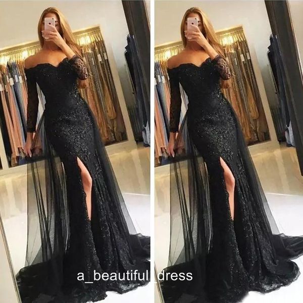 elegant black lace long sleeve evening dresses off shoulder split arabic silver mermaid formal prom party gown pd5560
elegant black lace long sleeve evening dresses off shoulder split arabic silver mermaid formal prom party gown pd5560
