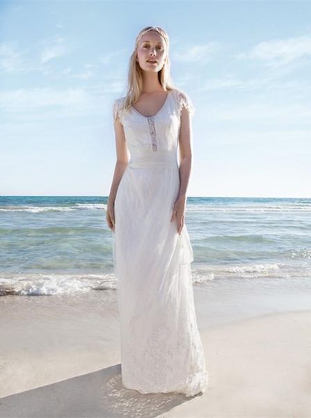 lace beach wedding dresses with cap sleeves v-neck bridal gowns a-line floor length wedding dress, White
lace beach wedding dresses with cap sleeves v-neck bridal gowns a-line floor length wedding dress, White