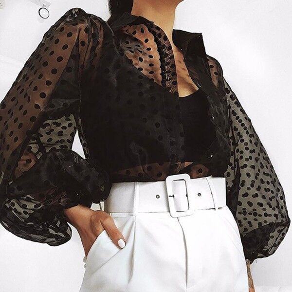 women casual long puff sleeve lapel loose fit polka dots buttons down cocktail holiday party blouses shirts, White
women casual long puff sleeve lapel loose fit polka dots buttons down cocktail holiday party blouses shirts, White