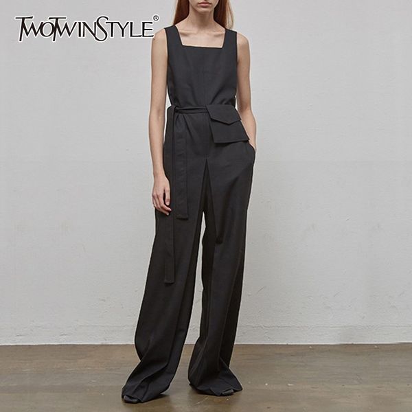 twotwinstyle vintage solid women jumpsuit sleeveless high waist lace up with sashes loose wide leg pants female fashion summer, Black;white
twotwinstyle vintage solid women jumpsuit sleeveless high waist lace up with sashes loose wide leg pants female fashion summer, Black;white