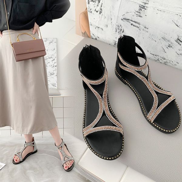 2020 summer new rhinestone sandals female ins tide net red women's shoes back zipper flat bag with women's sandals, Black
2020 summer new rhinestone sandals female ins tide net red women's shoes back zipper flat bag with women's sandals, Black
