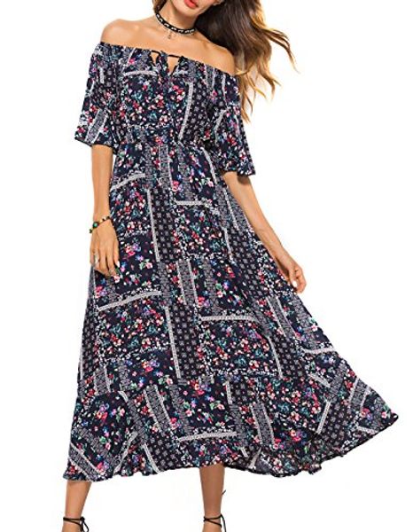 jusfitsu women's summer short sleeve floral off shoulder boho maxi dresses, Black;gray
jusfitsu women's summer short sleeve floral off shoulder boho maxi dresses, Black;gray