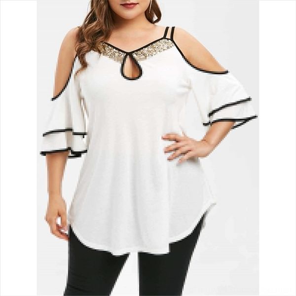 large size t-shirt shoulder strap women's strapless straps stitching sequins lotus leaf sleeves loose large size short-sleeved t-shirt, White
large size t-shirt shoulder strap women's strapless straps stitching sequins lotus leaf sleeves loose large size short-sleeved t-shirt, White