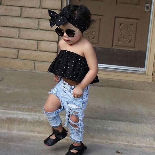 fashion toddler baby girls clothes black blouse +hole casual denim pants +hairband outfits 3pcs sets, White
fashion toddler baby girls clothes black blouse +hole casual denim pants +hairband outfits 3pcs sets, White