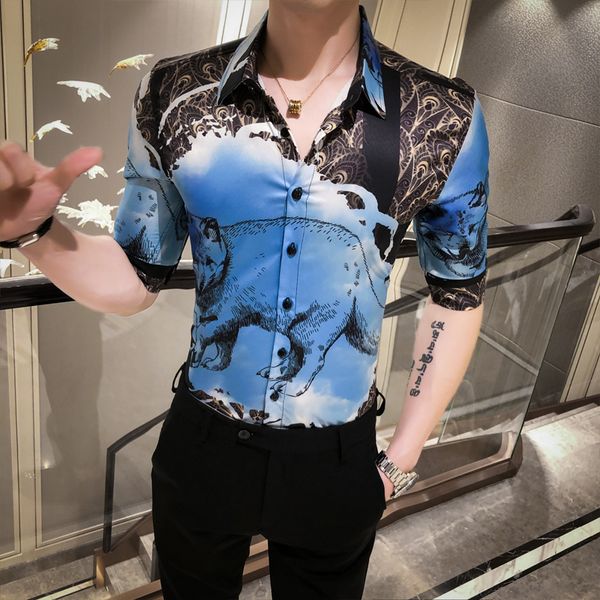 men's casual shirts shirt for men white print slim middle sleeve blouse male personality animal pattern summer arrival, White;black
men's casual shirts shirt for men white print slim middle sleeve blouse male personality animal pattern summer arrival, White;black
