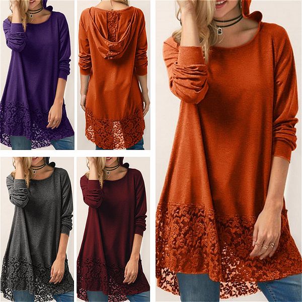 2019 autumn women's new lace stitching hooded sweater women's hooded collar solid color long-sleeved t-shirt, White
2019 autumn women's new lace stitching hooded sweater women's hooded collar solid color long-sleeved t-shirt, White