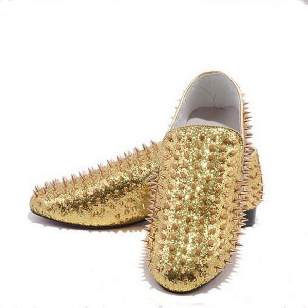 size:35-46 men's red bottom gold glitter leather slip-on low gold spikes fashion designer brand loafers flat dress shoes c20 t07, Black
size:35-46 men's red bottom gold glitter leather slip-on low gold spikes fashion designer brand loafers flat dress shoes c20 t07, Black