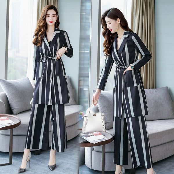 women's suit new women's striped belt suit fashion slim slimming 2 sets (jacket + wide leg pants, White;black
women's suit new women's striped belt suit fashion slim slimming 2 sets (jacket + wide leg pants, White;black