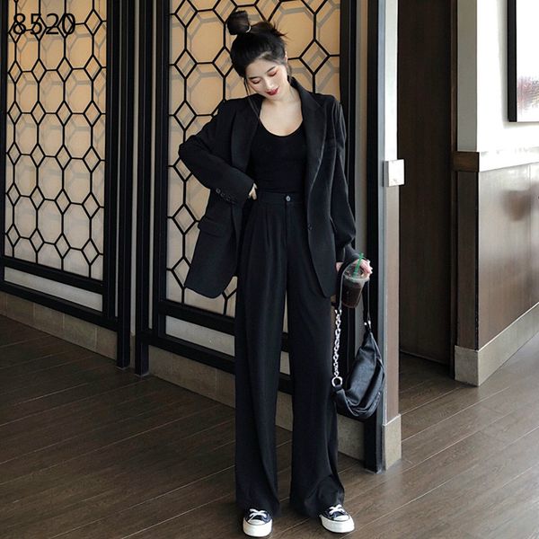 work suits 2 piece sets solid color blazer leg pants chic suit korean style female spring autumn blazer trousers 2 piece set, White;black
work suits 2 piece sets solid color blazer leg pants chic suit korean style female spring autumn blazer trousers 2 piece set, White;black