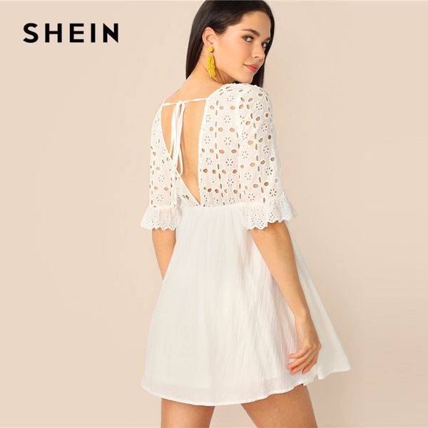 

shein cutout tie back schiffy smock dress white half sleeve v neck women dresses 2019 eyelet embroidery summer dresses, Black;gray