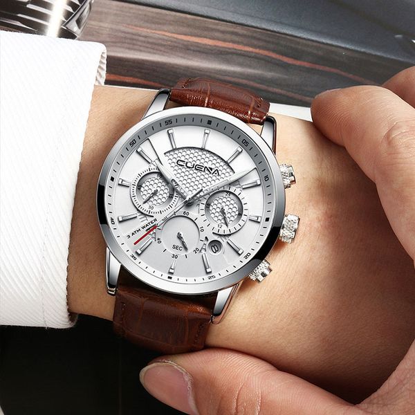 cuena brand men's watch satch date luminous leather clock quartz watches reloj hombre, Slivery;brown
cuena brand men's watch satch date luminous leather clock quartz watches reloj hombre, Slivery;brown