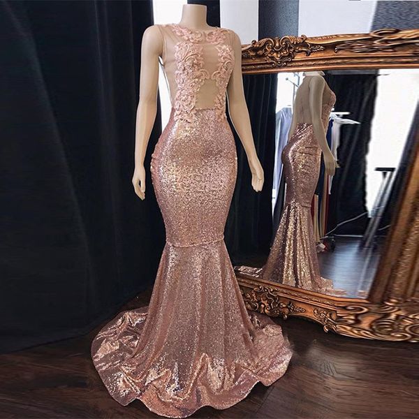 Stunning Scoop Pink Sequins Prom Dresses 2019 Mermaid Evening Gowns With Appliques Sweep Train Red Carpet Gowns