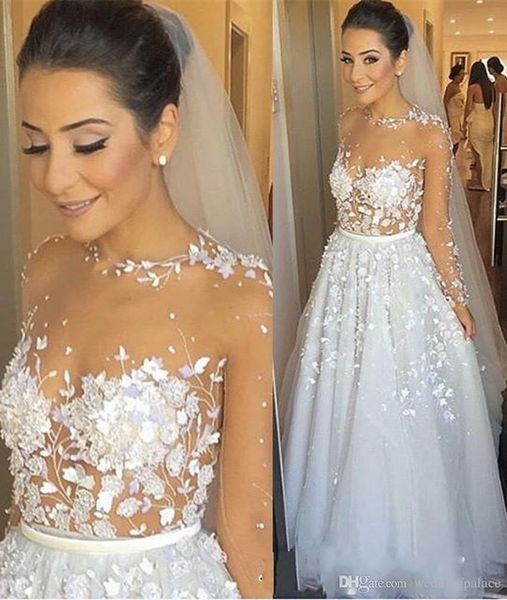 o-neck illusion long sleeve a-line wedding dresses appliques 3d flowers button back robe de mariage bridal wedding gowns, White
o-neck illusion long sleeve a-line wedding dresses appliques 3d flowers button back robe de mariage bridal wedding gowns, White