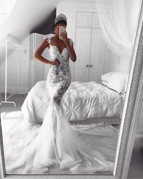vintage full lace mermaid wedding dresses sheer v neck illusion button back court train tulle wedding dress bridal gowns custom m023, White
vintage full lace mermaid wedding dresses sheer v neck illusion button back court train tulle wedding dress bridal gowns custom m023, White